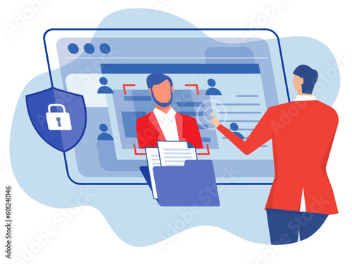 KYC or know your customer with business verifying the identity of its clients concept at the partners-to-be through a magnifying glass on laptop vector illustrator