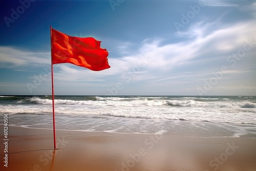 A red flag flowing in the beach, generative AI