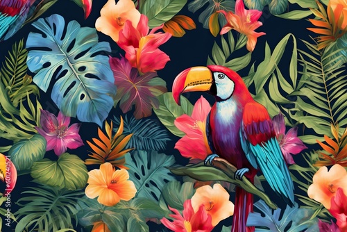 Exotic tropical aesthetic pattern with macaws and flowers in bright colors and lush vegetation, generative AI