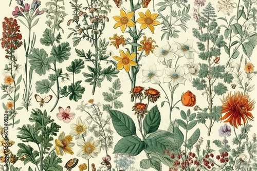 Floral vintage botanic style pattern, generative ai