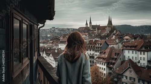 travel summer tourism holiday vacation background. young girl standing in the old town. Generative Ai. © Kowit