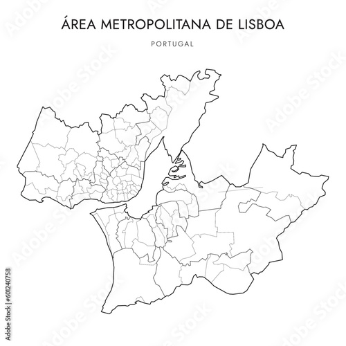 Vector Map of Lisbon Metropolitan Area Region (Área Metropolitana de Lisboa) with administrative borders of Districts, Municipalities (Concelhos) and Civil Parishes (Freguesias) as of 2023 - Portugal photo
