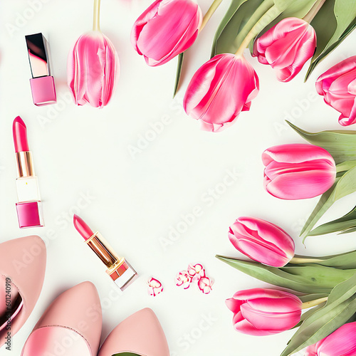 "Enchanting Overhead Display: A Fusion of Pink Tulips, Stylish Footwear, and Cosmetics Galore"