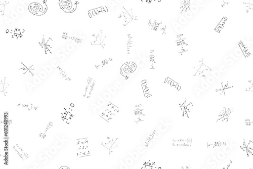 mathematical, physical, algebraic formulas and expressions. The scientific, vector background is hand-drawn on a white board.