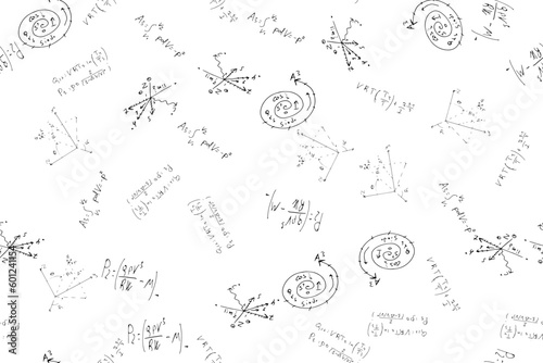mathematical, physical, algebraic formulas and expressions. The scientific, vector background is hand-drawn on a white board.