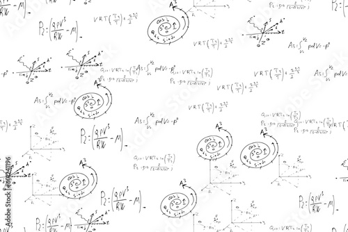 mathematical, physical, algebraic formulas and expressions. The scientific, vector background is hand-drawn on a white board.