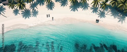 Beach and waves from top view. Turquoise water background from top view. Summer seascape from air. Top view from drone. Travel concept and idea. Generative Ai. © Kowit