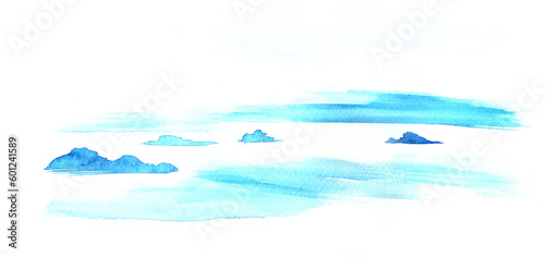 水彩で描いた海に浮かぶ島々の風景イラスト