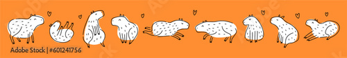 Foto Horizontal illustration of the capybara collection, hand-drawn in doodle style