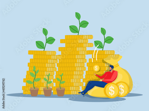 a man relaxes waiting for the money to enter his dollar bag, growing tree with coins and money, profit, financial management, investment, successful flat illustrator vector