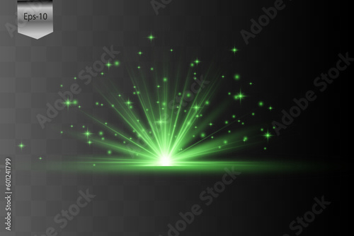 Glowing Light Stars with Sparkles. Green Light effect. Vector illustration