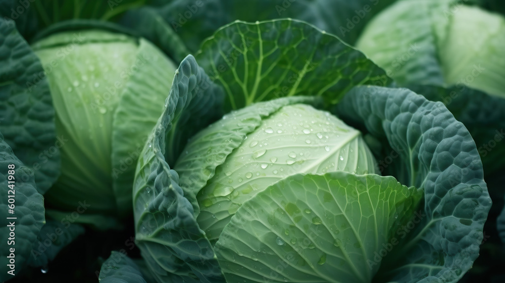 Fototapeta premium Wet cabbage with drops of water Generative AI