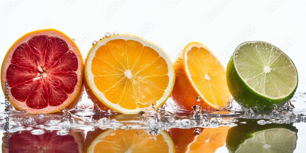 Closeup of fresh juicy orange slices splashes inside clear water. Generative AI. Closeup of fresh juicy orange slices splashes inside clear water. Generative AI.