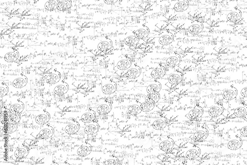 mathematical, physical, algebraic formulas and expressions. The scientific, vector background is hand-drawn on a white board.