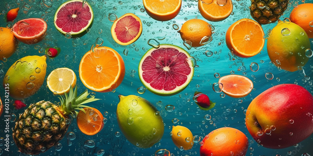 Closeup of fresh juicy orange slices splashes inside clear water. Generative AI. Closeup of fresh juicy orange slices splashes inside clear water. Generative AI.