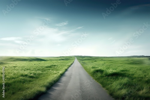 The landscape of grass fields and blue sky road leading off into the distance. Generative Ai.
