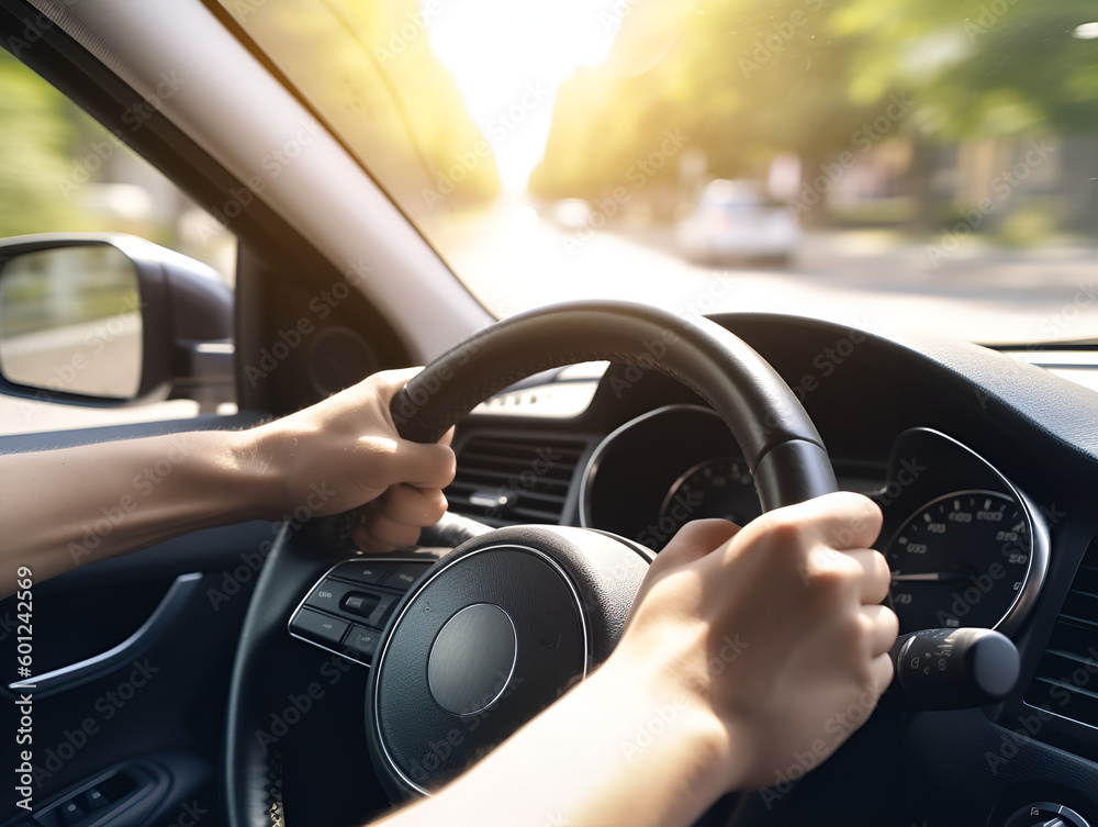 A person holding a driving wheel. A person holding a driving wheel.