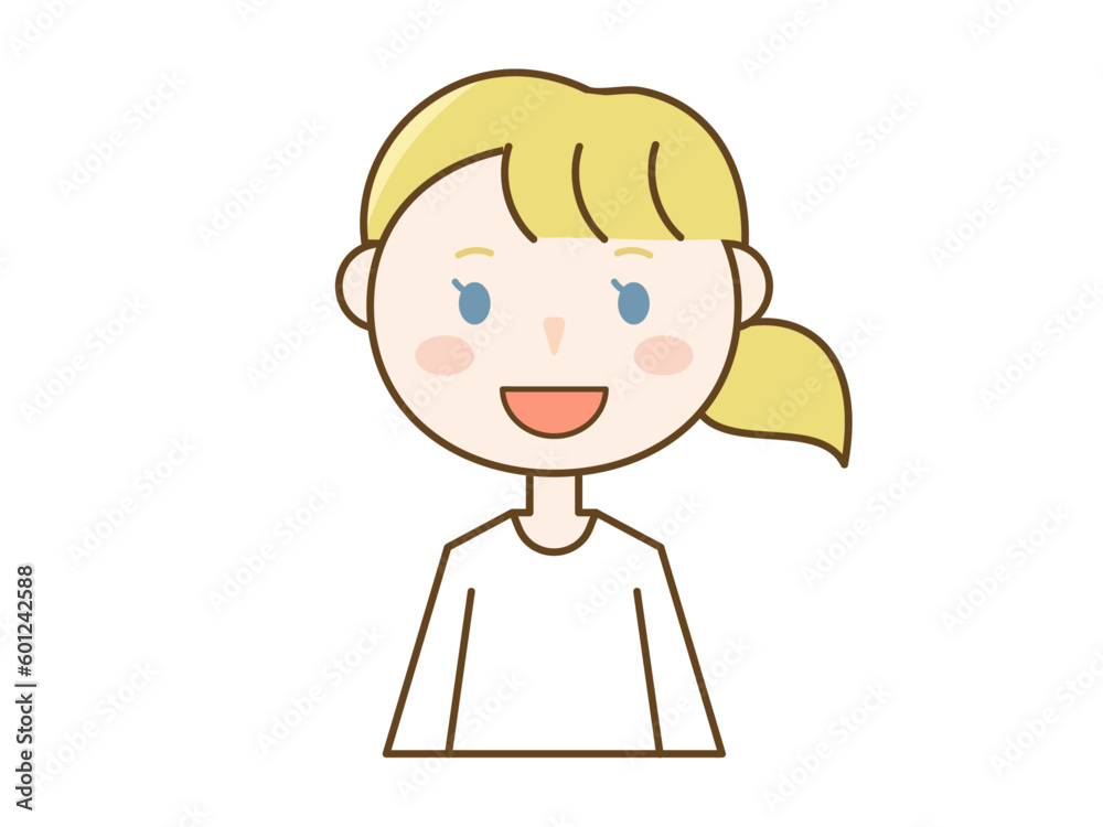笑顔で正面を向くシンプルな若い外国人女性のイラスト_欧米金髪外人女性