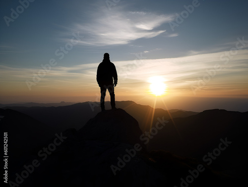 A person standing on top of a mountain at sunset.