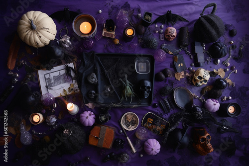 Halloween rustic ornament flatlay composition. Halloween decor on purple background. Generative AI.