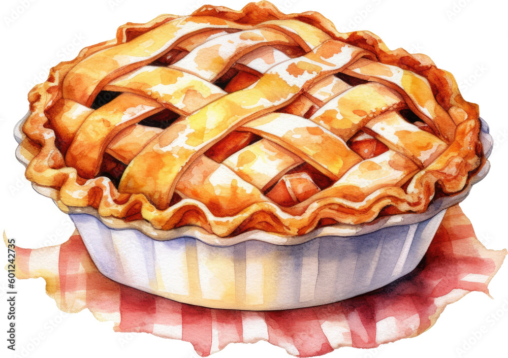 Tasty homemade apple pie. Hand drawn Watercolor. Generative AI. - obrazy, fototapety, plakaty 
