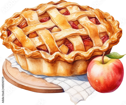 Tasty homemade apple pie. Hand drawn Watercolor. Generative AI.