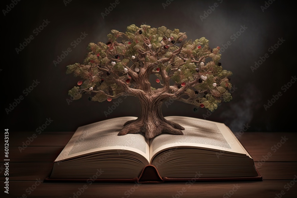 education concept with tree of knowledge planting on opening old big ...