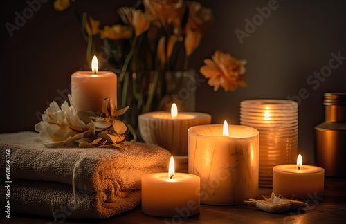 Spa stones  towel and candles on color background. Spa composition and treatments on light wooden background  close-up. Generative Ai