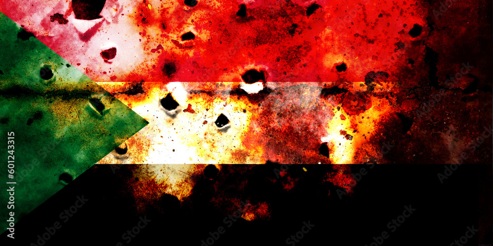 Double exposure of Sudan flag. Symbols depicting the Civil War. The civil war between Sudanese government forces and the paramilitary "Rapid Support Forces". Suitable for base map or report descriptio - obrazy, fototapety, plakaty 