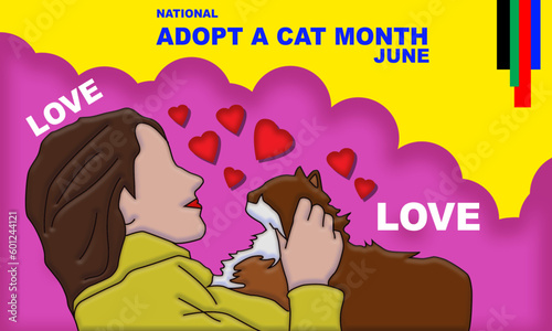 a woman hugging her newly adopted cat with affection and bold blue text commemorating National Adopt A Cat Month
