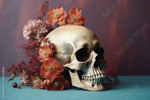 Anatomical human skull with flowers on a pastel background. Beauty and health concept, generative ai