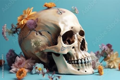 Anatomical human skull with flowers on a pastel background. Beauty and health concept, generative ai