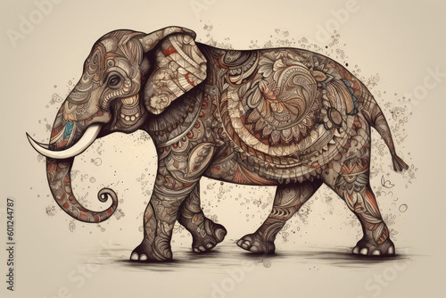 Decorated Indian elephant. Beautiful Elephant in tattoos and drawings, generative AI