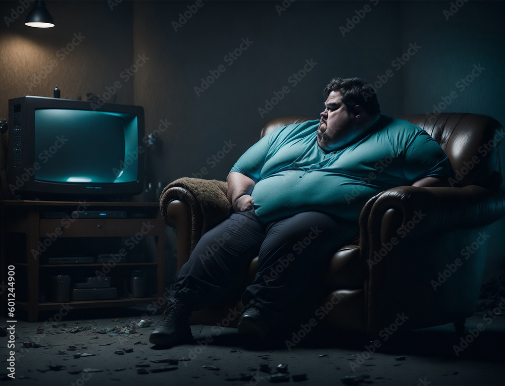 fat person sitting on a sofa surrounded by garbage watching tv fat person sitting on a sofa surrounded by garbage watching tv