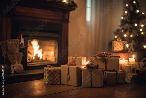 Classic Christmas Composition. Box with Candles, Balls, Toys, Pine Cones, Walnuts on Wooden Background. Generative Ai.