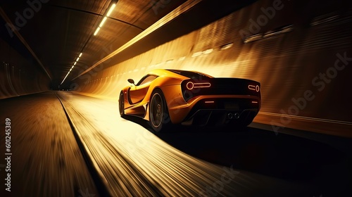 Futuristic Sports Car On Highway. Powerful acceleration of a supercar on a night track with lights and trails. 3d illustration. Generative Ai.