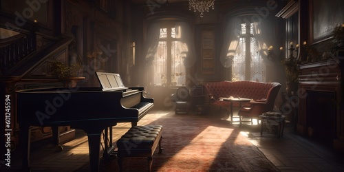 a piano sitting in a living room next to a window