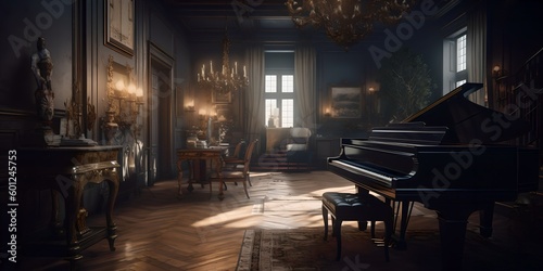 a dark room with a grand piano and chandelier