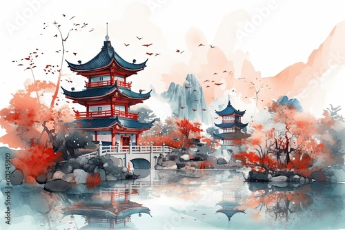 Fototapeta Naklejka Na Ścianę i Meble -  japanese landscape in watercolor with a fairy garden, ink landscape painting created digitally Generative AI