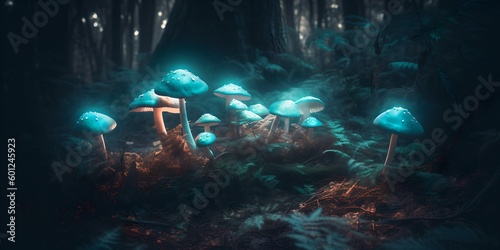 a group of blue mushrooms sitting on top of a forest floor