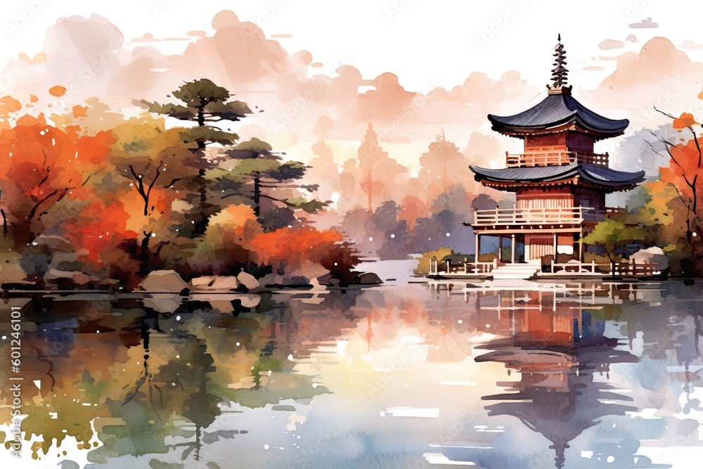 Obraz premium japanese landscape in watercolor with a fairy garden, ink landscape painting created digitally Generative AI