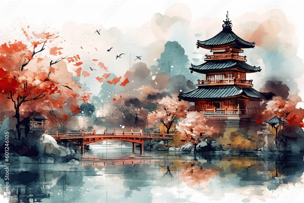 Fototapeta premium japanese landscape in watercolor with a fairy garden, ink landscape painting created digitally Generative AI