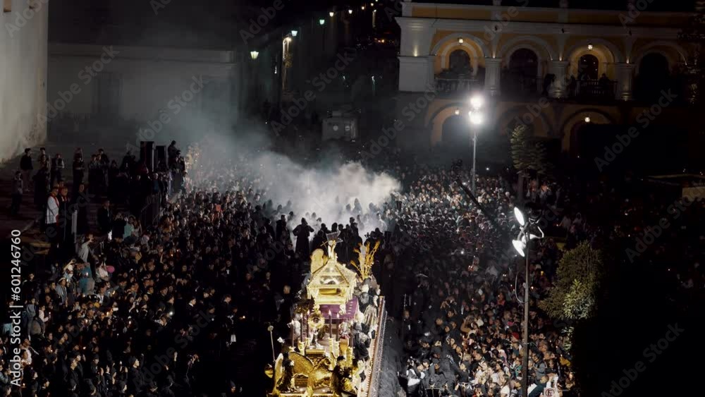 Scene Of Crowded People During The Procession On Easter Sunday With Andas In Antigua, Guatemala. Aerial Shot