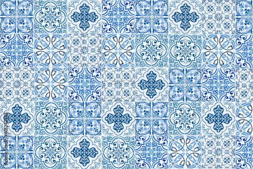 Colorful vintage ceramic tiles wall decoration. Turkish ceramic tiles wall background.