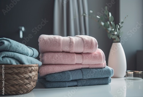 Stack of towels with a soap dispenser in a bathroom closeup. Generative Ai.
