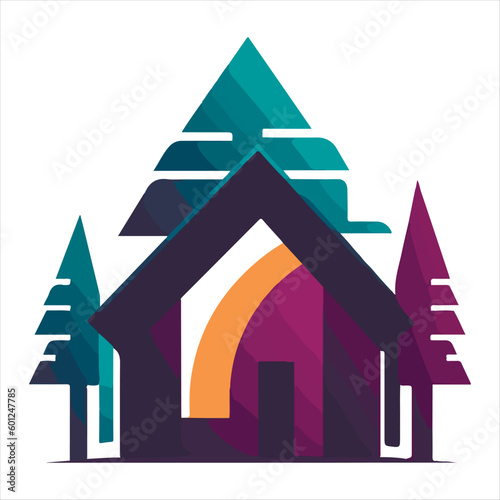 Wood cabin logo template. Cabin in the woods vector illustration. Cabin rentals logo. Chalet in the forest sticker