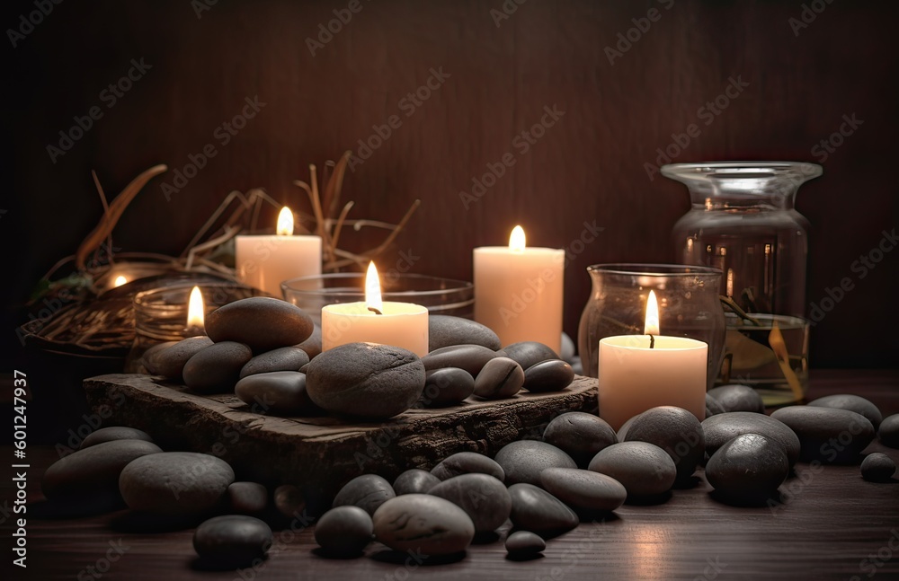 Spa stones, towel and candles on color background. Spa composition and treatments on light wooden background, close-up. Generative Ai Spa stones, towel and candles on color background. Spa composition and treatments on light wooden background, close-up. Generative Ai