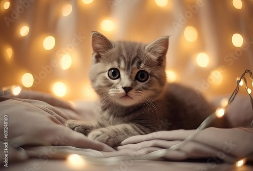a gray kitten sits on the bed with some lights inside, generative ai