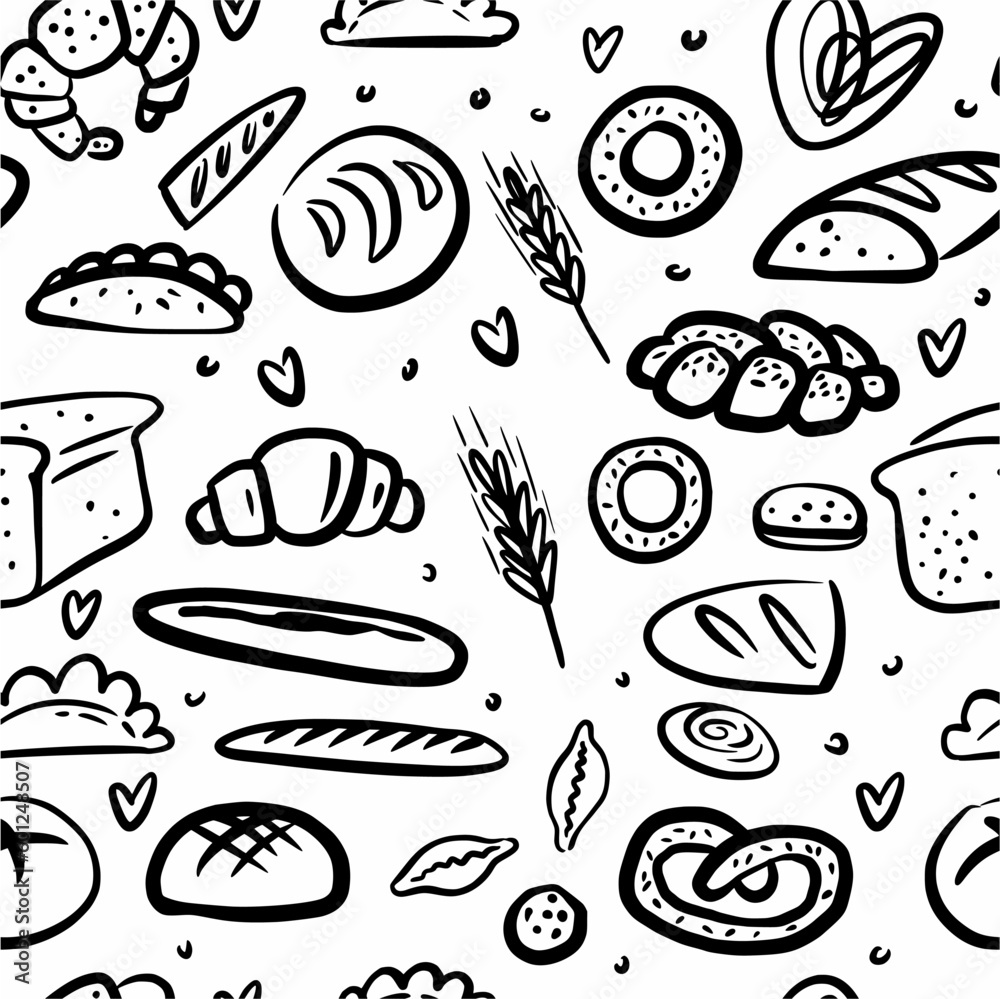 Vector pattern of bread and pastries of different types, hand-drawn in the style of a doodle Vector pattern of bread and pastries of different types, hand-drawn in the style of a doodle