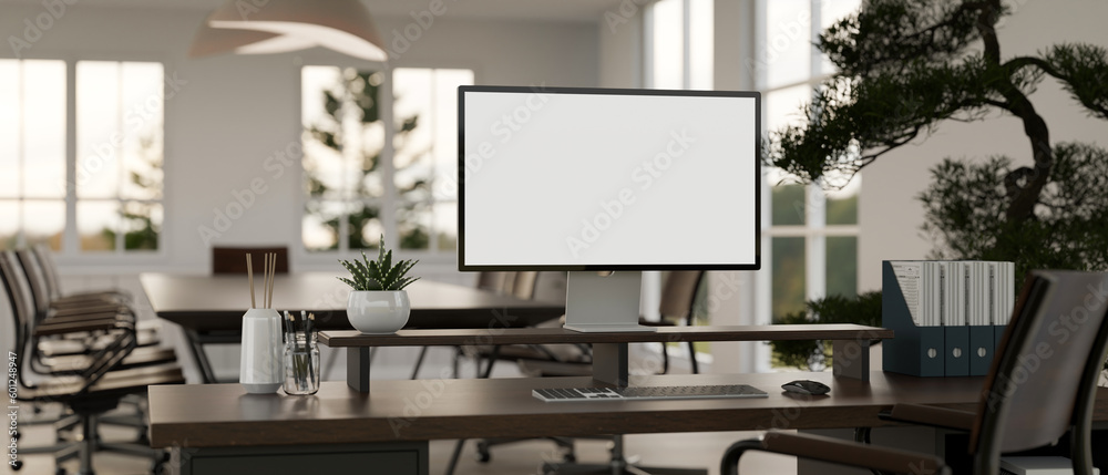 Fototapeta premium Modern loft CEO office with office desk and meeting table, computer mockup